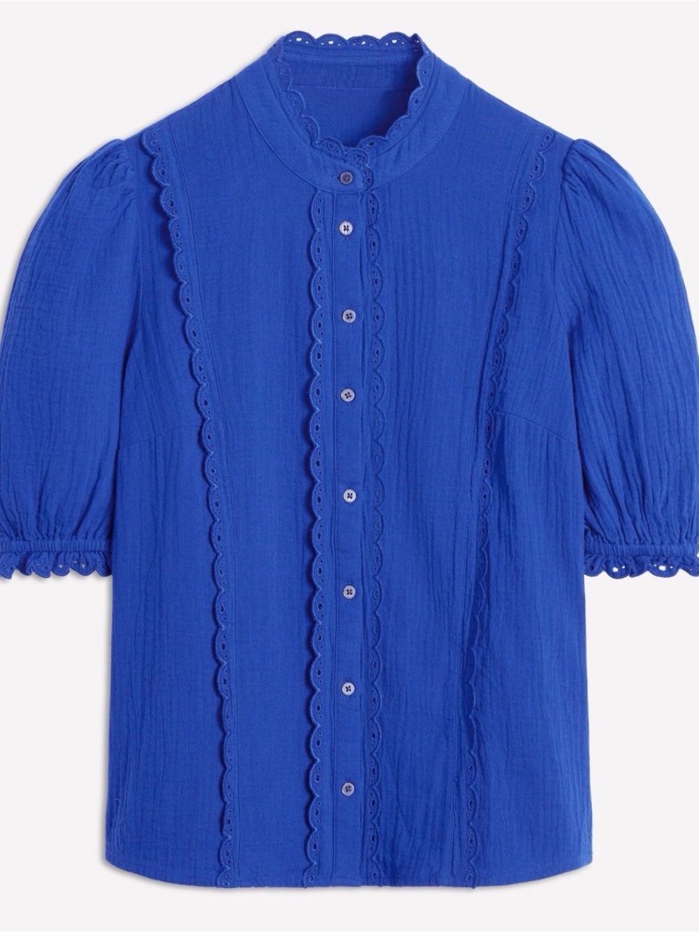 Boden Double Cloth Scallop Blouse Cobalt Blue Broderie Eyelet US 2 Cotton NEW
